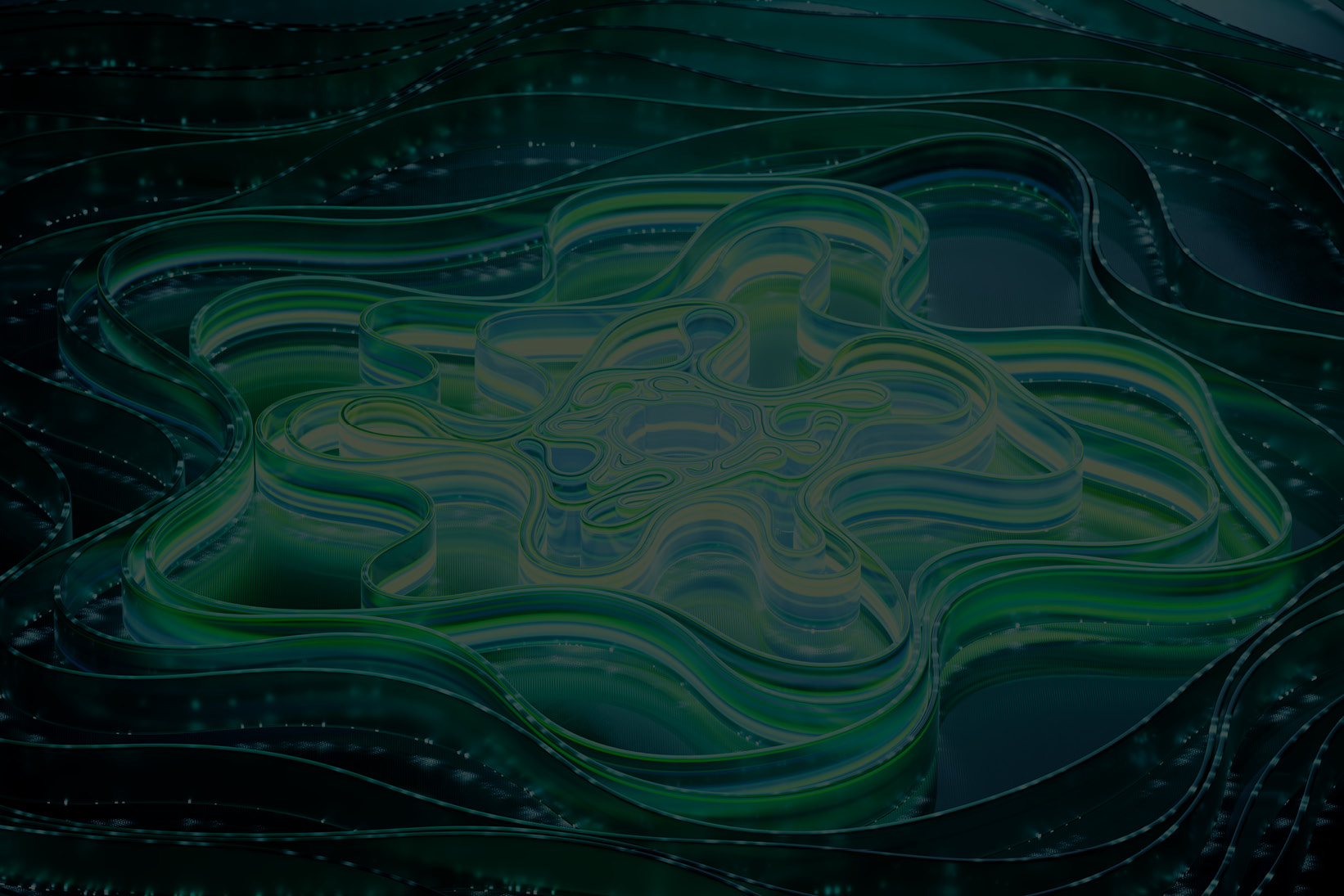 Abstract digital artwork featuring layered, fluid-like contours in shades of green and yellow. The design resembles a topographic map or organic structure with smooth, flowing lines. The background is dark with subtle glowing highlights, creating a futuristic and dynamic visual effect.