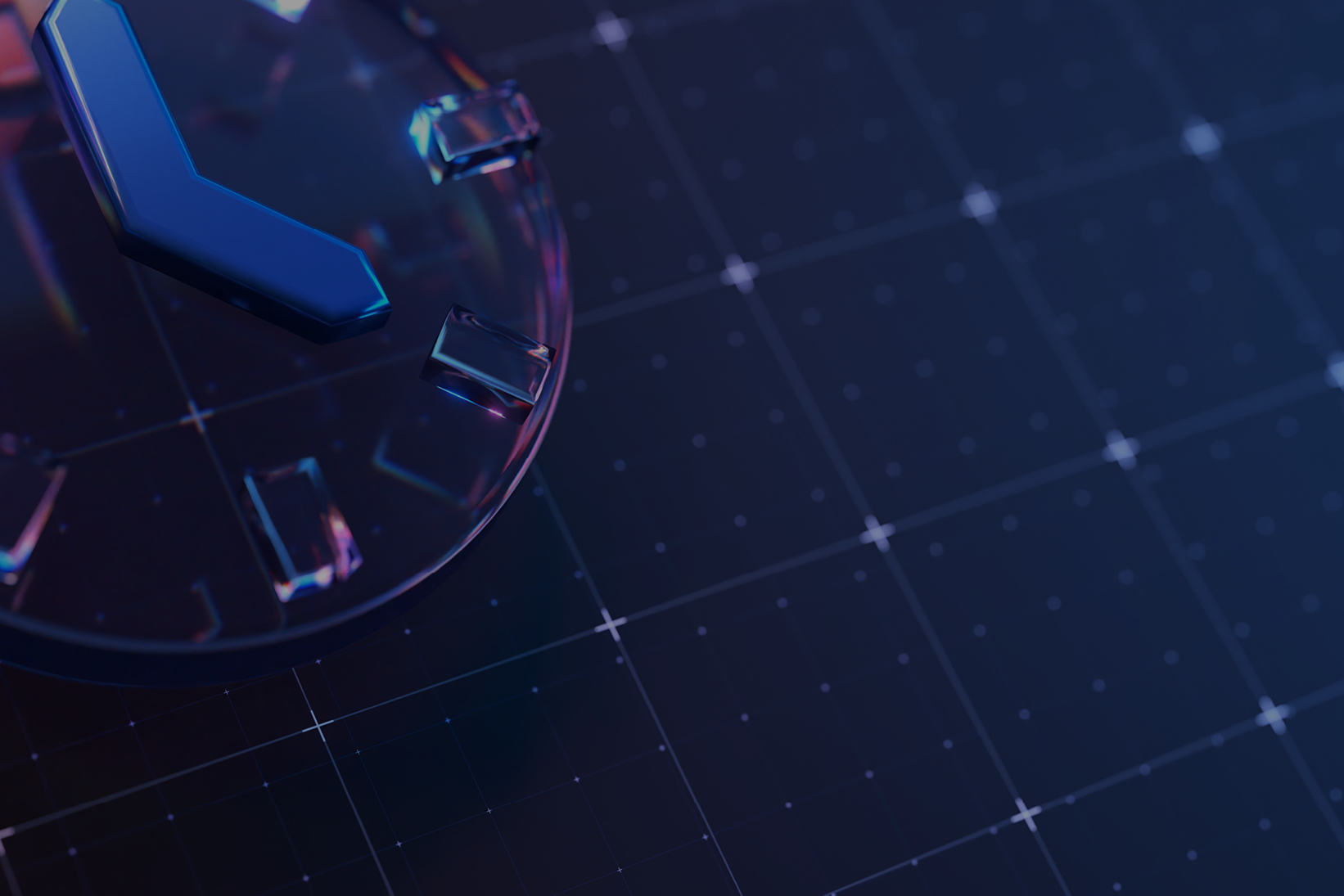 “Close-up of a futuristic, translucent clock face with blue metallic hands and raised hour markers, set against a dark grid background with glowing crosshairs and light reflections.”