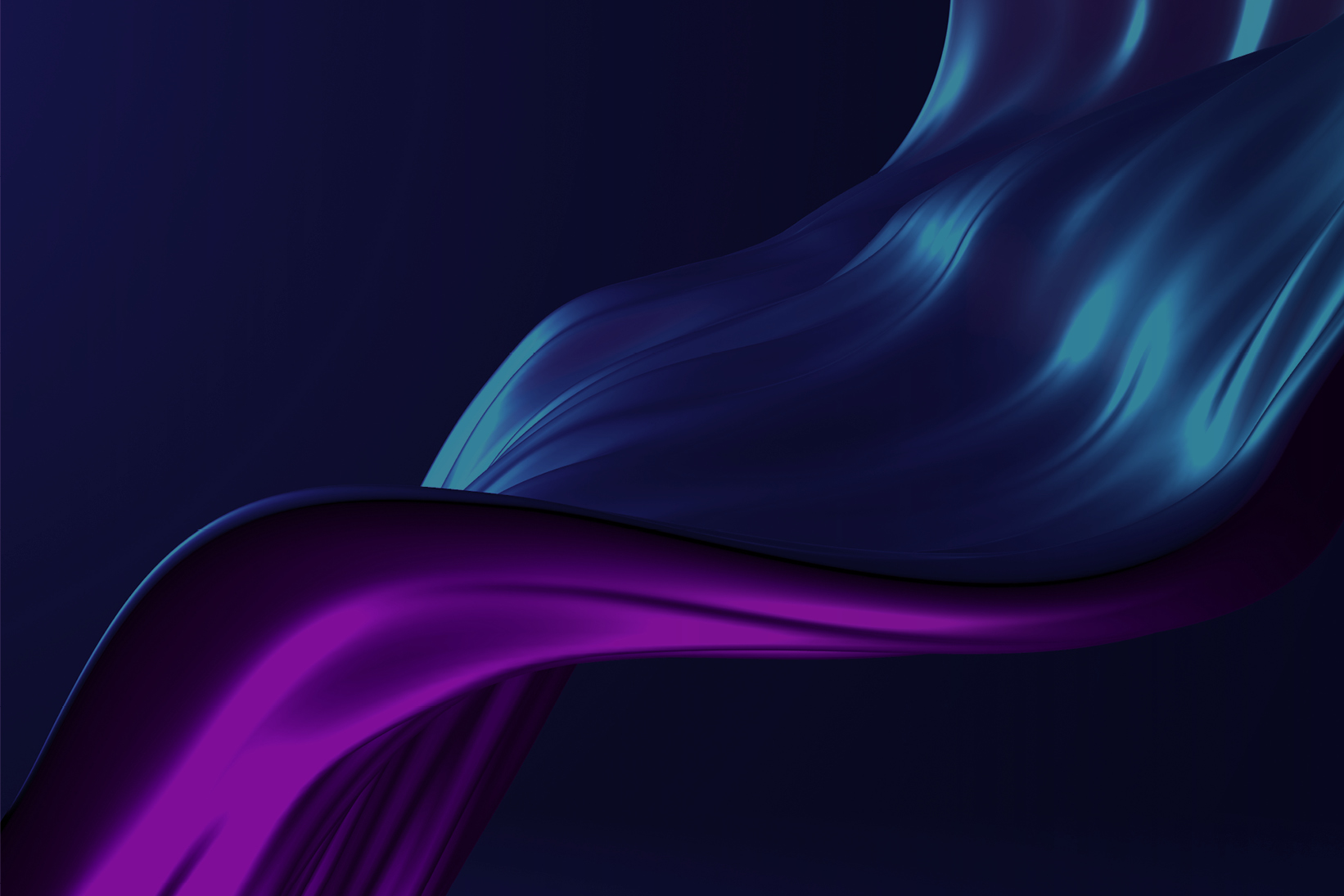 Abstract waves of glossy purple and blue ribbons flowing over a dark background, symbolizing motion and modern design.