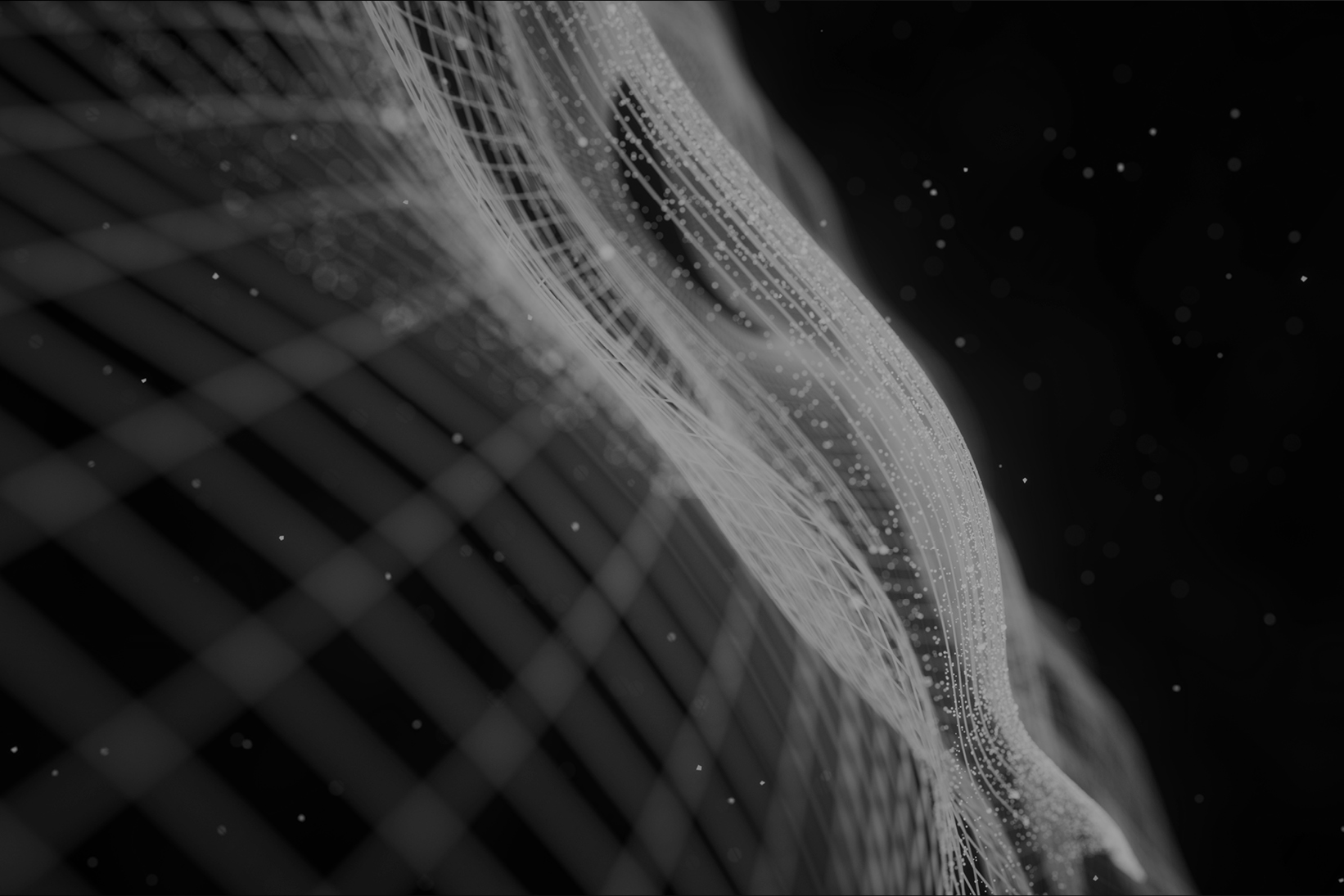 Abstract wireframe wave with glowing particles on a dark background.