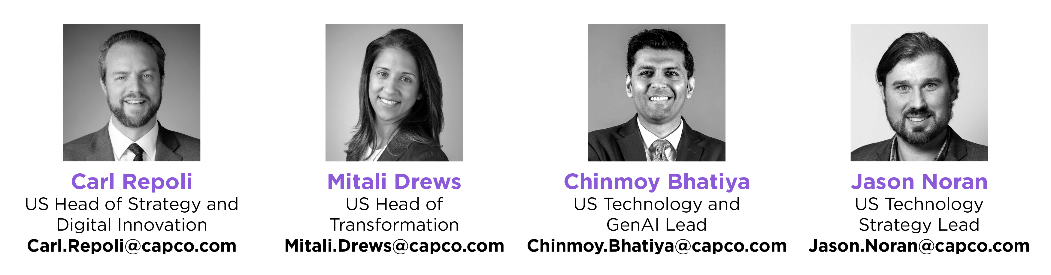 From left to right: Carl Repoli – Managing Director, Mitali Drews – Partner, Chinmoy Bhatiya – Partner, Jason Noran – Executive Director