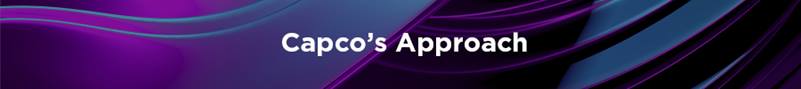 A digital banner with a sleek purple and blue abstract background, featuring the white text "Capco’s Approach" centered in bold font.