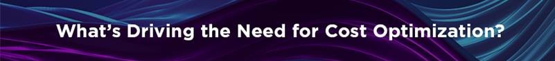 A digital banner with a futuristic abstract background of flowing curves in deep purple and blue tones. The centered white text reads, "What’s Driving the Need for Cost Optimization?" The design conveys a theme of financial efficiency, strategic investment, and business cost management.
