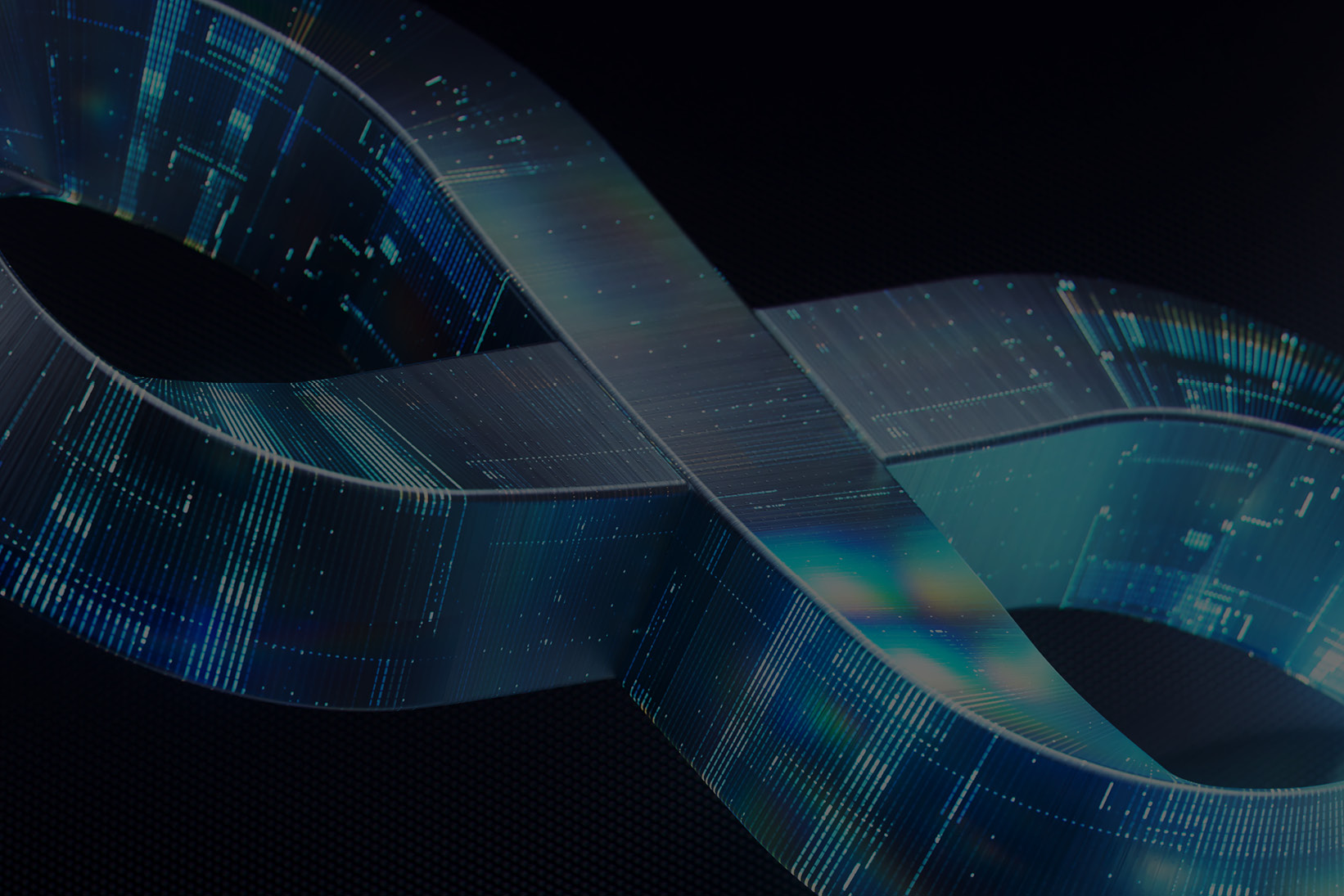 A futuristic digital rendering of a Möbius strip-like structure with a glowing, circuit-like texture. The structure is illuminated in shades of blue and teal, symbolizing infinite data flow, advanced technology, and digital transformation, set against a dark background.