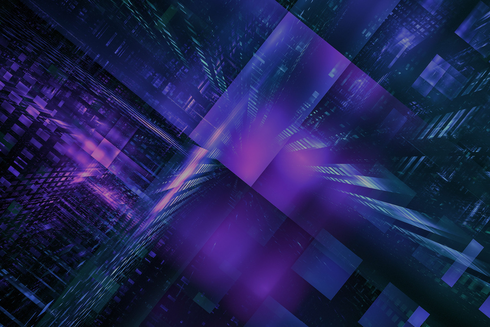 Abstract digital cityscape with geometric shapes and purple light beams suggesting data flow.