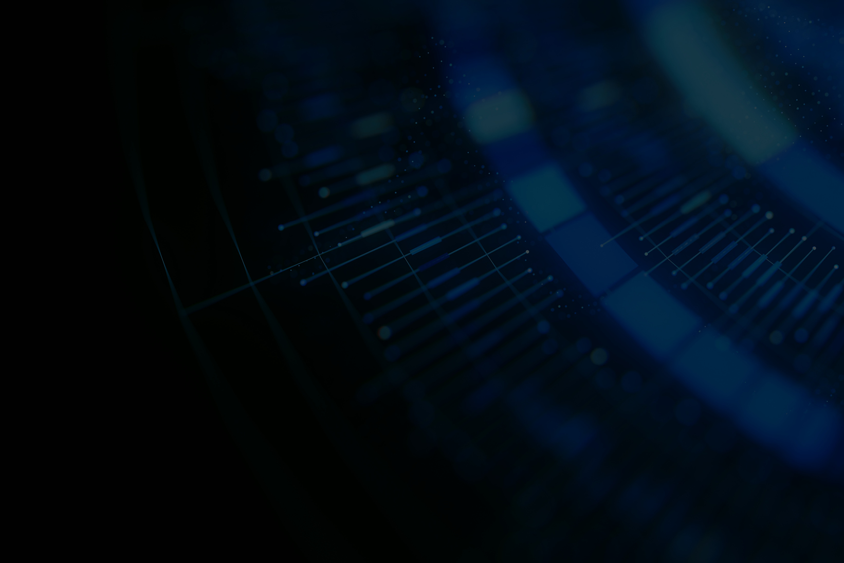 Abstract blue digital network with lines and nodes on a dark background.