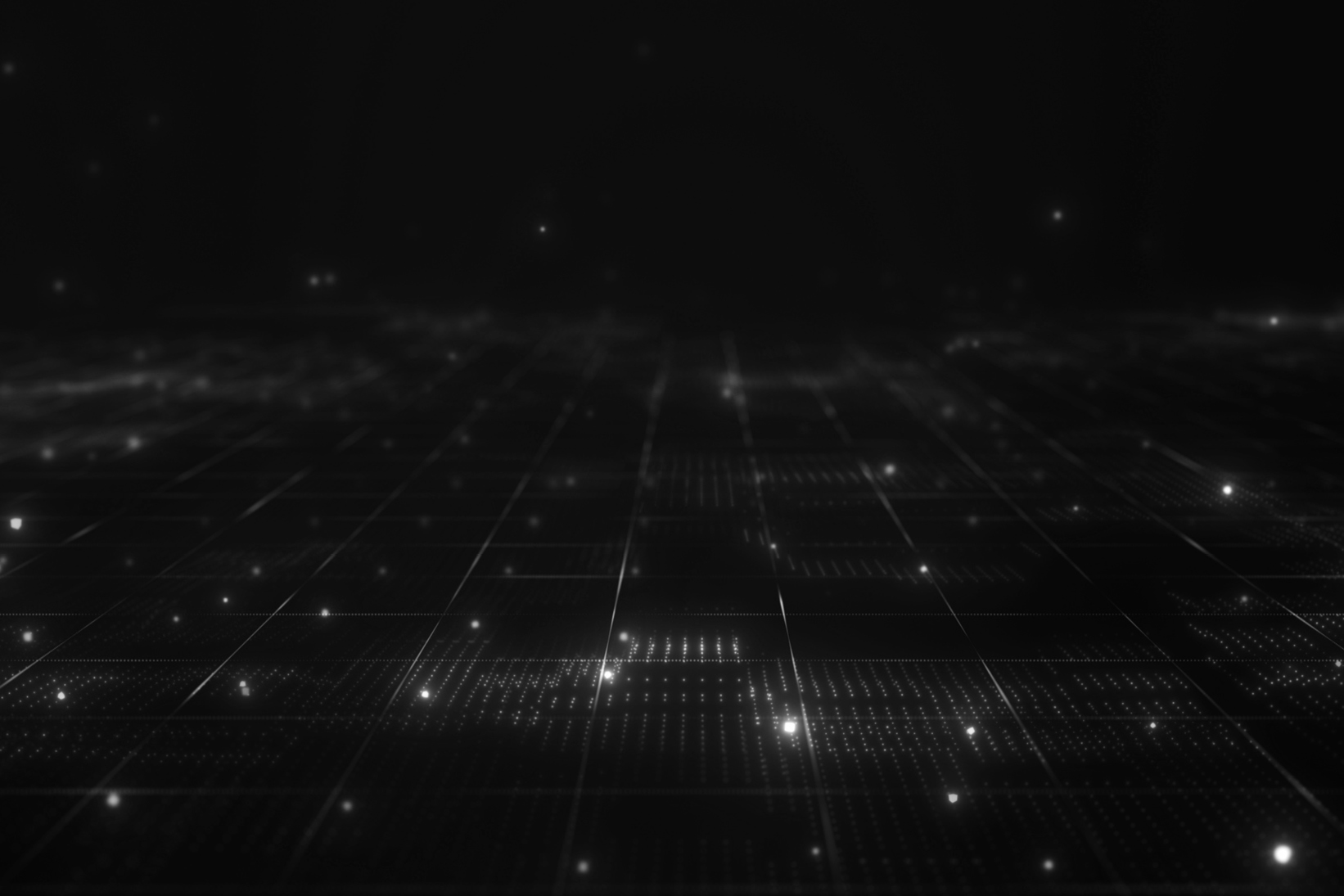 Abstract digital grid with glowing points of light on a dark background.