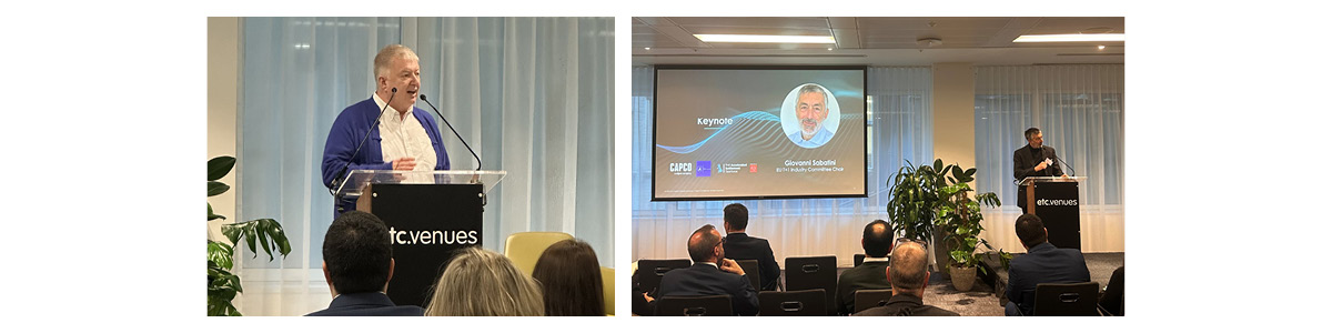 Keynote speaker presenting at Capco event on stage with audience